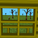 Scene built in the editor shows the outside of a cabin.