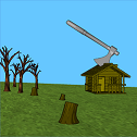 A scene built with the editor displaying a cabin with an oversized axe on the roof.