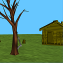 A scene built with the editor displaying a cabin and an axe stuck in a tree trunk.